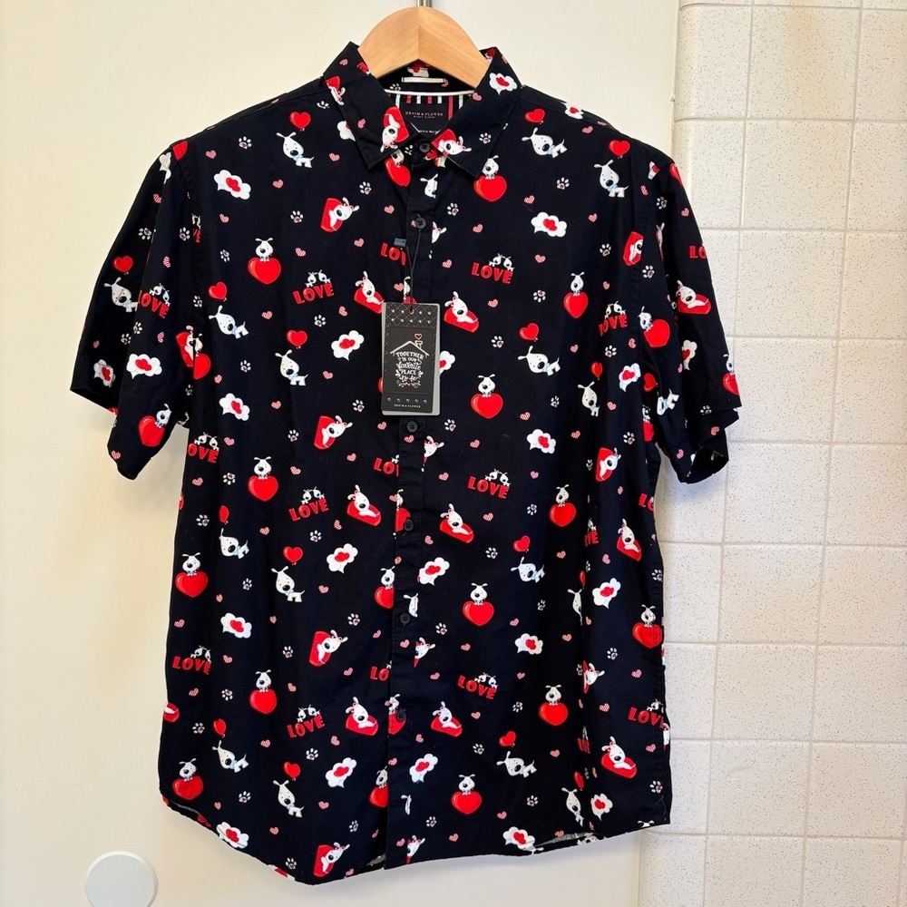 NWT Denim & Flower Unisex Black Short Sleeve Button Down Shirt Size XL Dog Love